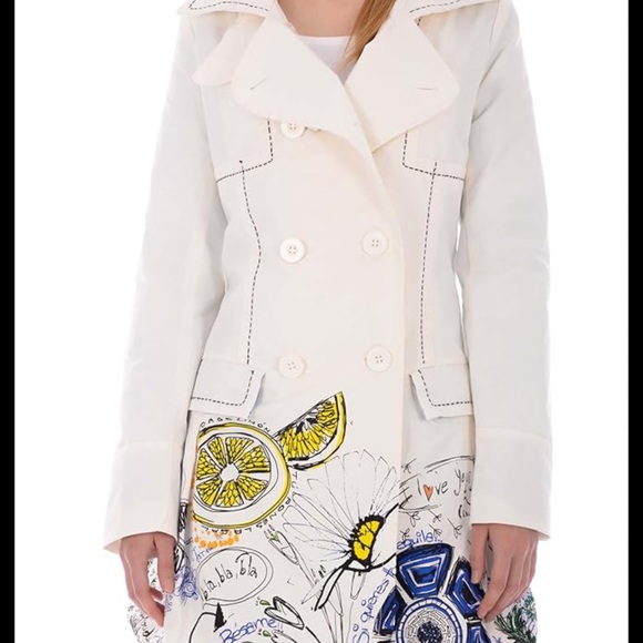 Desigual Jackets & Blazers - Desigual Women's Lined Floral Print Long Sleeve Button Down Coat White Size 40